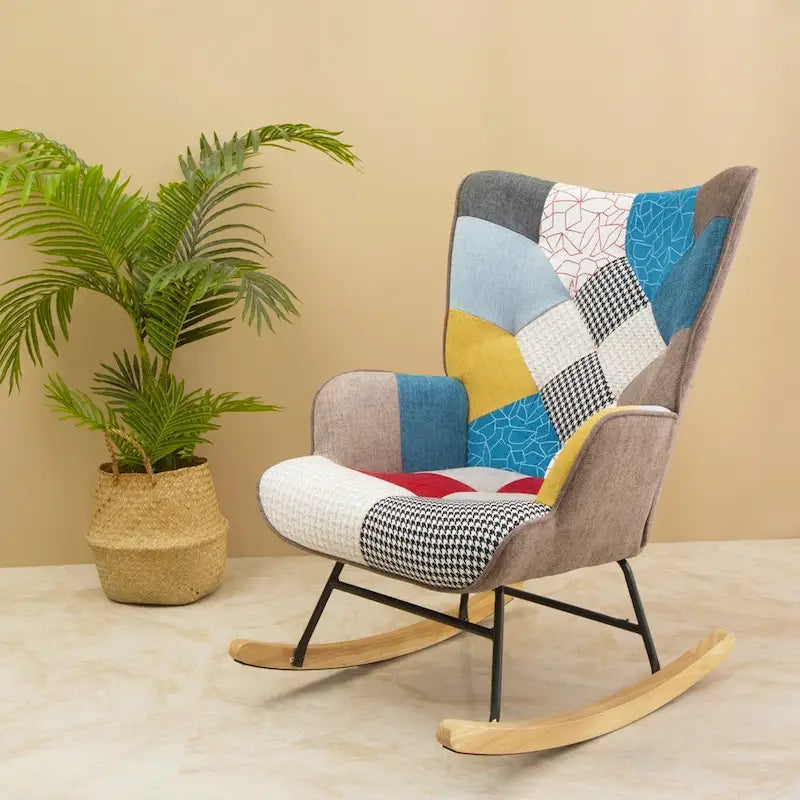 Mid Century Fabric Rocker Chair with Wood Legs and Patchwork Linen