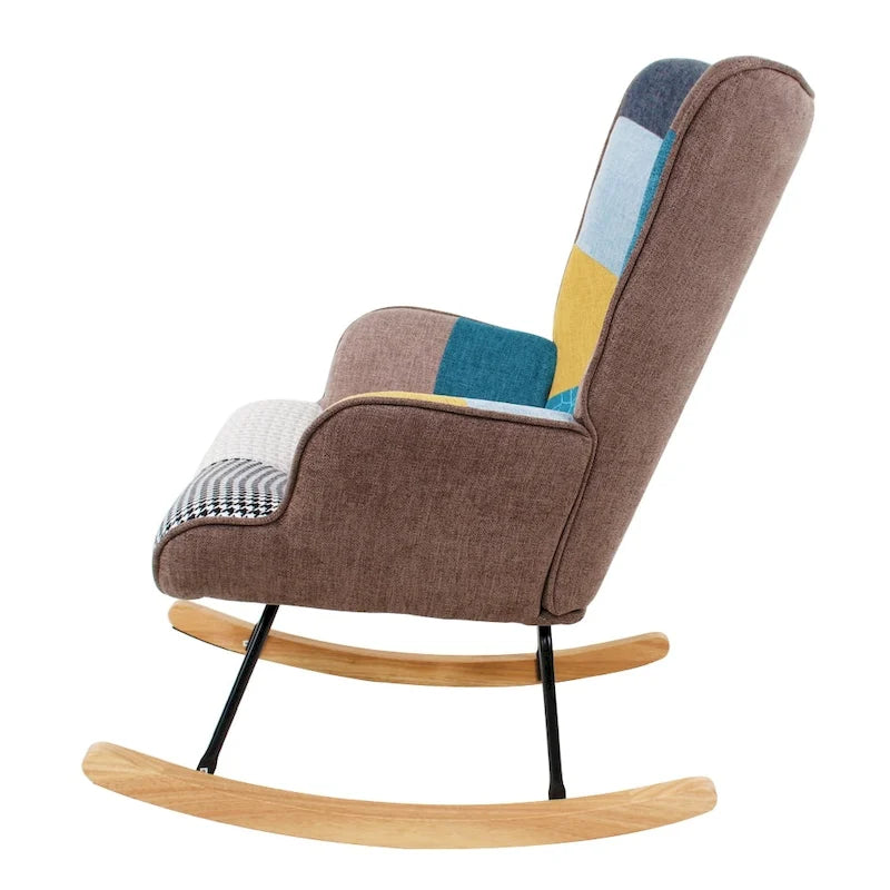 Mid Century Fabric Rocker Chair with Wood Legs and Patchwork Linen