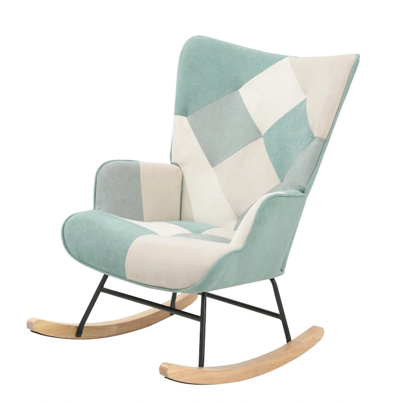 Mid Century Fabric Rocker Chair with Wood Legs and Patchwork Linen