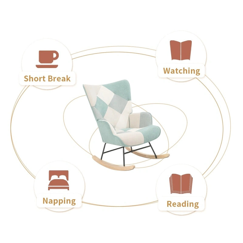 Mid Century Fabric Rocker Chair with Wood Legs and Patchwork Linen