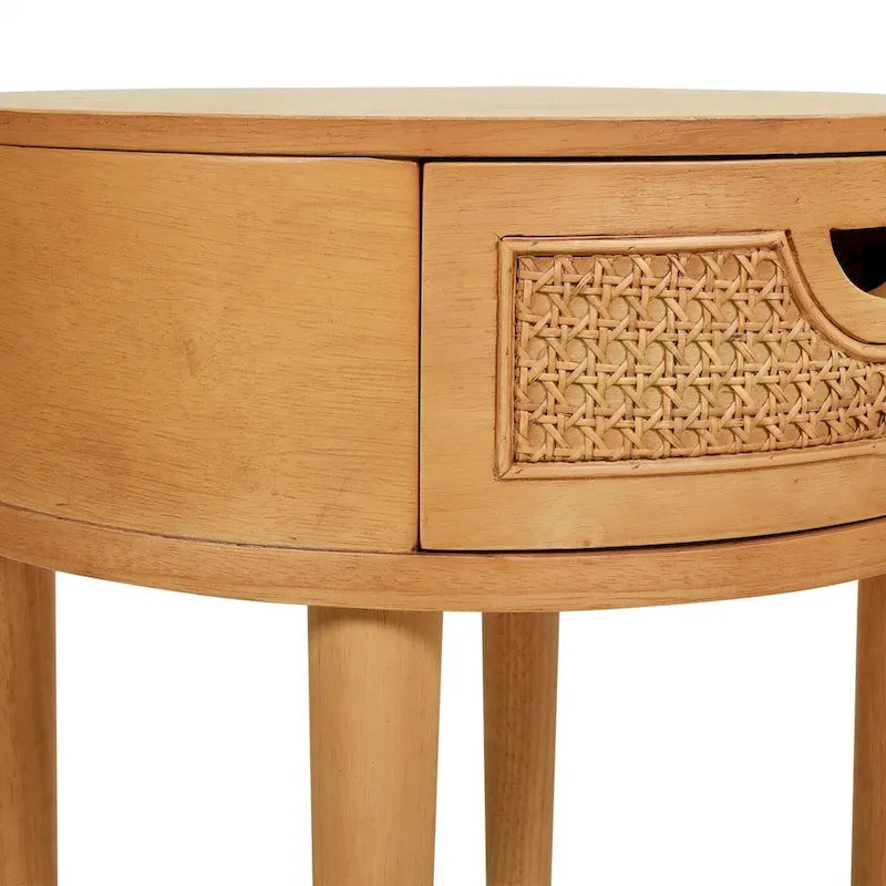 Cabana 18 Round Cane Rattan Storage Side Table, Natural Brown Oak Wood