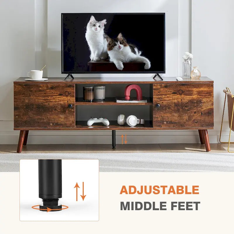 Can accommodate 60 TV, living room/bedroom TV media console, adjustable shelves, 2 storage cabinets, brown