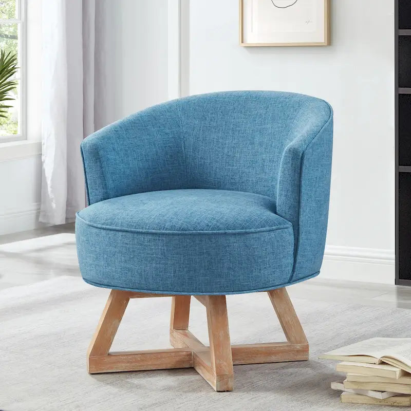 Light Blue Modern 27 Linen Upholstered 360 Swivel Barrel Chair with Solid Legs