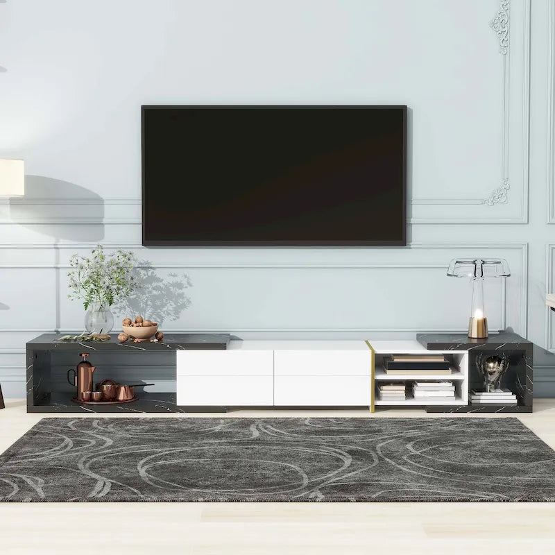 Extendable TV Stand with 2 Drawers and 4 Shelves