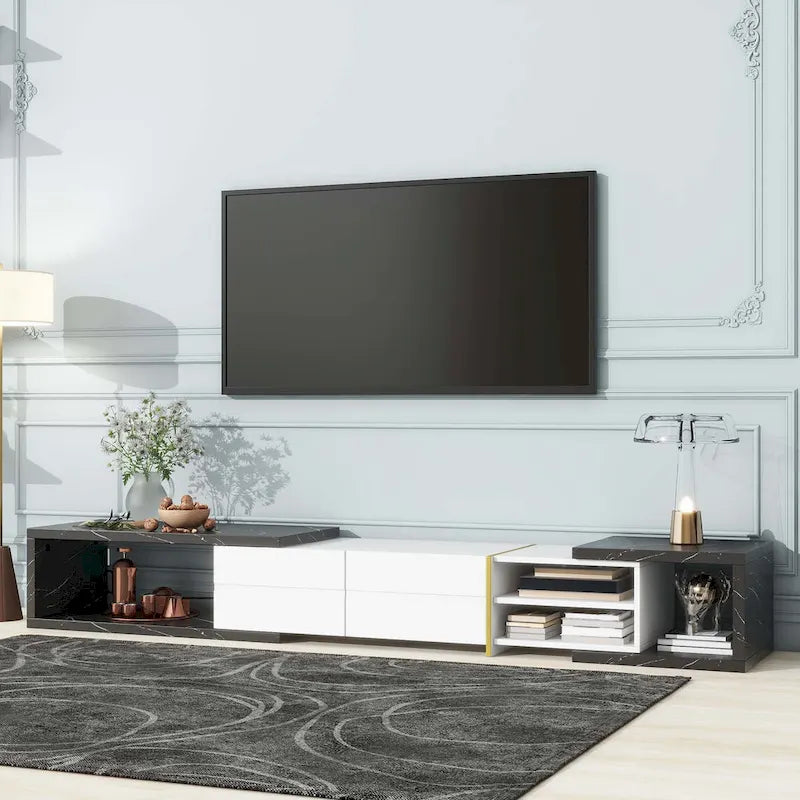 Extendable TV Stand with 2 Drawers and 4 Shelves