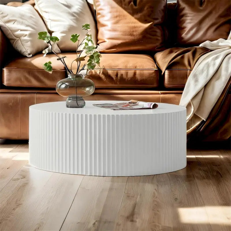 35.43 Wood Round Coffee Table with Handcrafted Relief