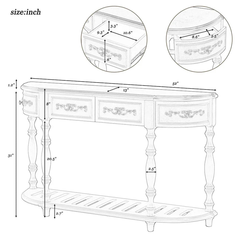 52'Curved Console Table Sofa Table Entryway Table for Hallway Living Room with 4 Drawers and 1 Shelf