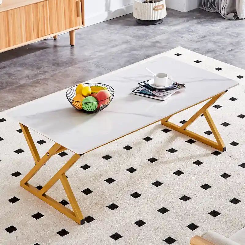 Modern Minimalist Style Marble Patterned Coffee Table With Black Metal Legs, Game Table, Tea Table