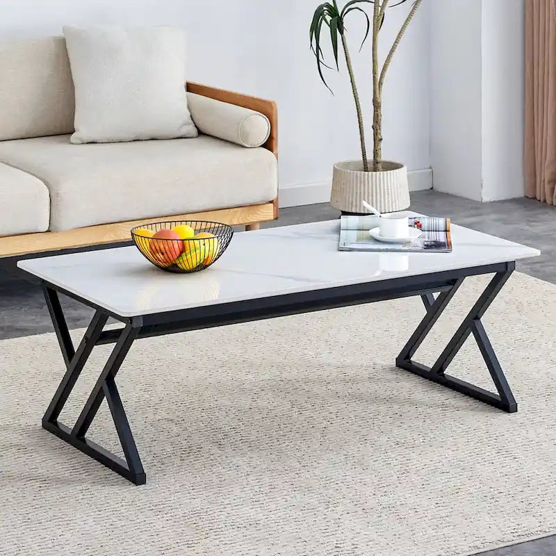 Modern Minimalist Style Marble Patterned Coffee Table With Black Metal Legs, Game Table, Tea Table