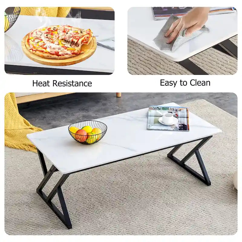 Modern Minimalist Style Marble Patterned Coffee Table With Black Metal Legs, Game Table, Tea Table
