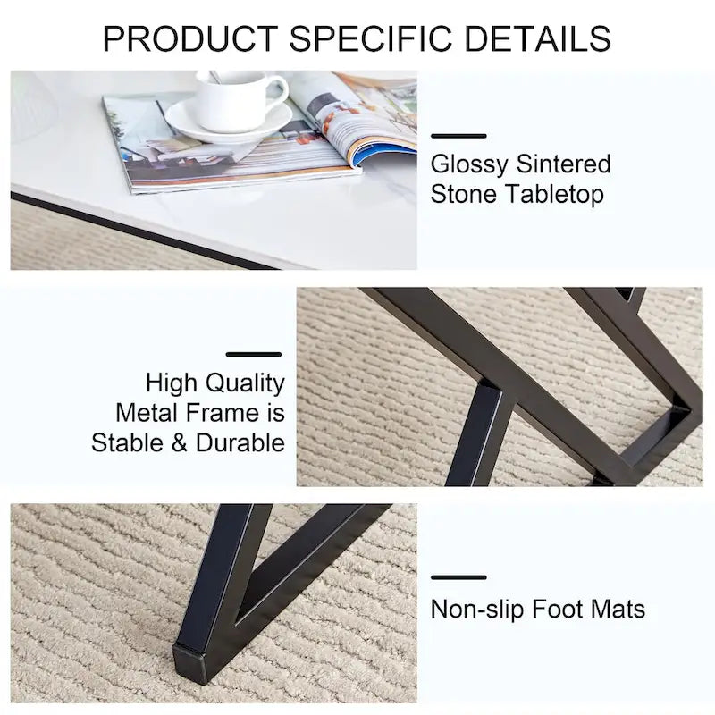 Modern Minimalist Style Marble Patterned Coffee Table With Black Metal Legs, Game Table, Tea Table