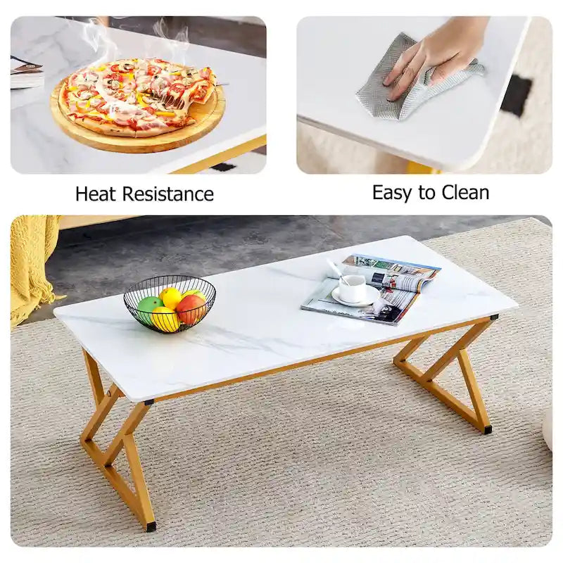 Modern Minimalist Style Marble Patterned Coffee Table With Black Metal Legs, Game Table, Tea Table