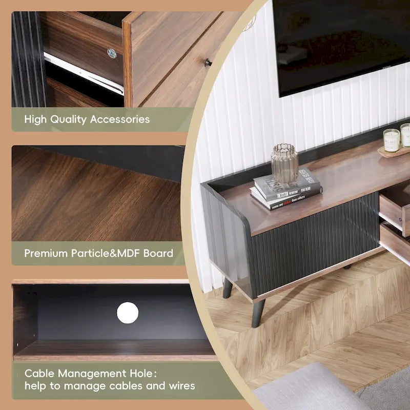 63 Mid Century TV Stand with 2 Cabinets& Open Compartments, Entertainment Center for TVs up to 70, Television Console