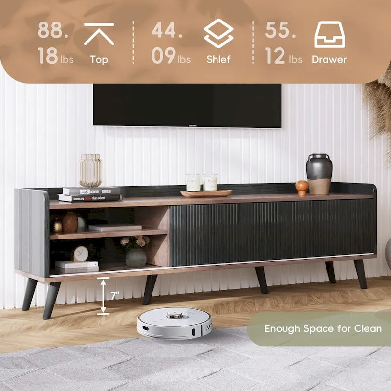 63 Mid Century TV Stand with 2 Cabinets& Open Compartments, Entertainment Center for TVs up to 70, Television Console