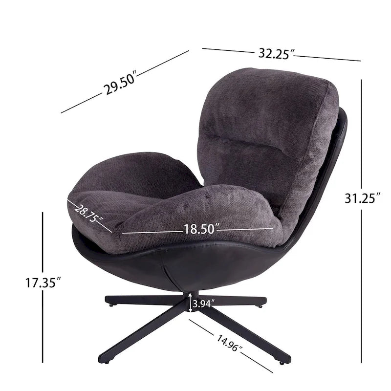 360 Swivel Accent Chair, Modern Chenille Lounge Chair with Faux Leather and Black Metal Base Frame, Comfortable Reading Chair