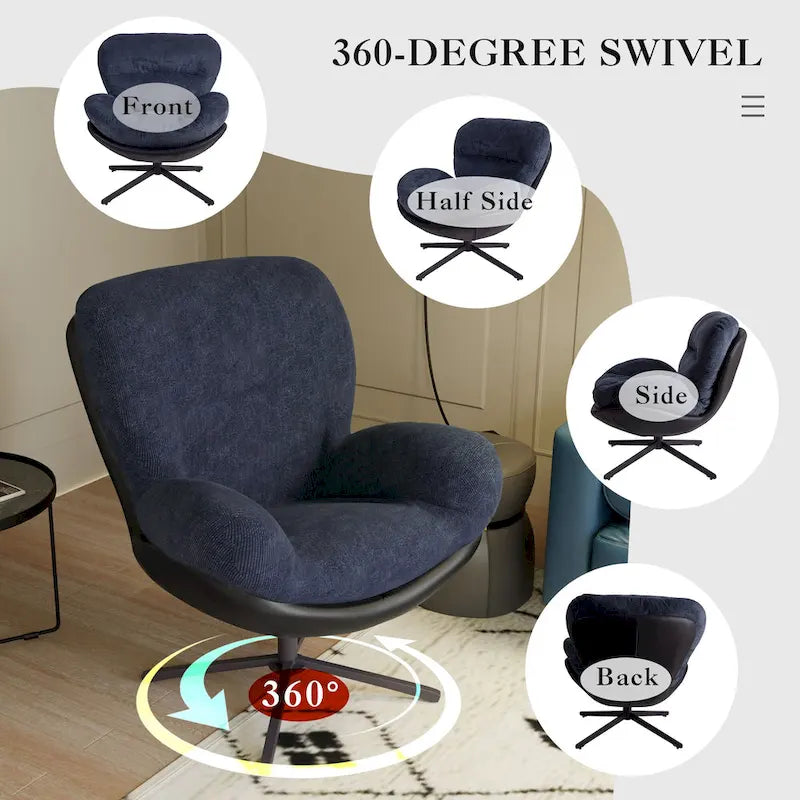 360 Swivel Accent Chair, Modern Chenille Lounge Chair with Faux Leather and Black Metal Base Frame, Comfortable Reading Chair