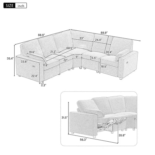 89 Power Recliner Sectional Sofa Home Theater Reclining Sofa with Two USB Ports, Two Storage Drawers for Living Room, Beige