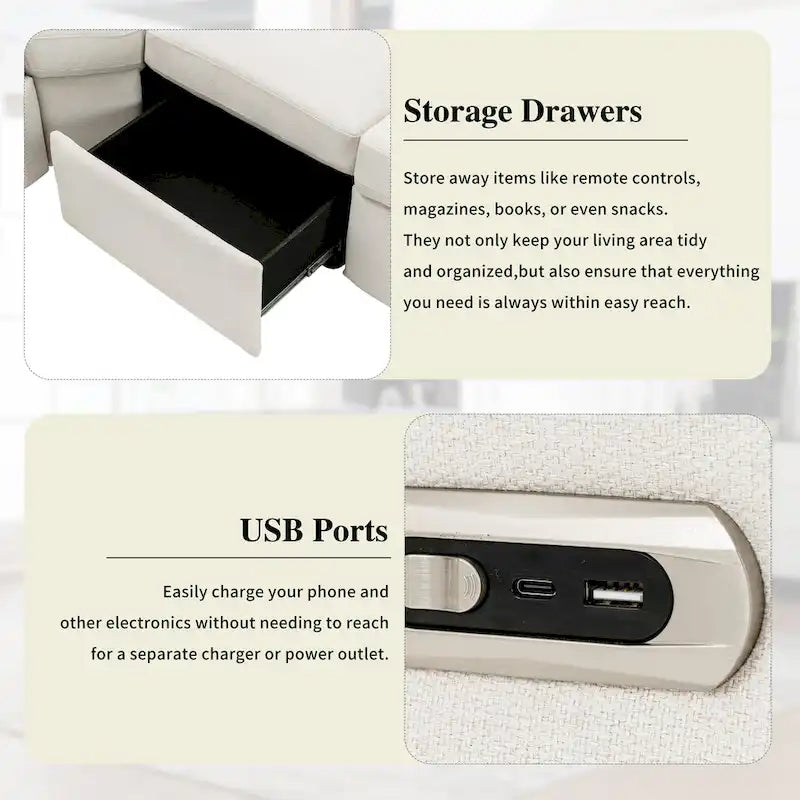 89 Power Recliner Sectional Sofa Home Theater Reclining Sofa with Two USB Ports, Two Storage Drawers for Living Room, Beige