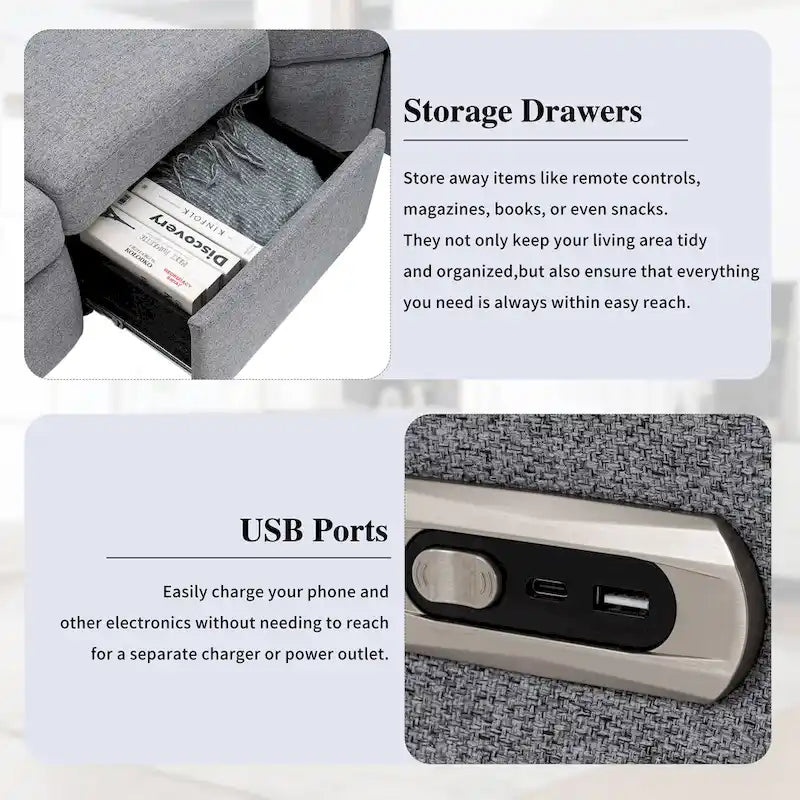 89 Power Recliner Sectional Sofa Home Theater Reclining Sofa with Two USB Ports, Two Storage Drawers for Living Room, Beige