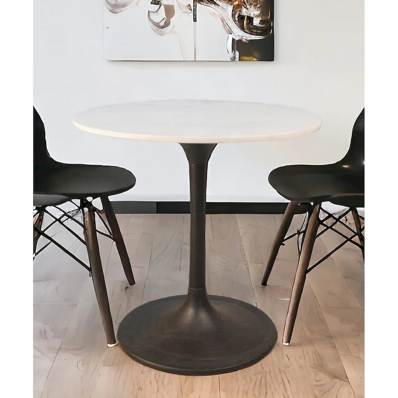 30 White And Black Rounded Marble And Iron Pedestal Base Dining Table