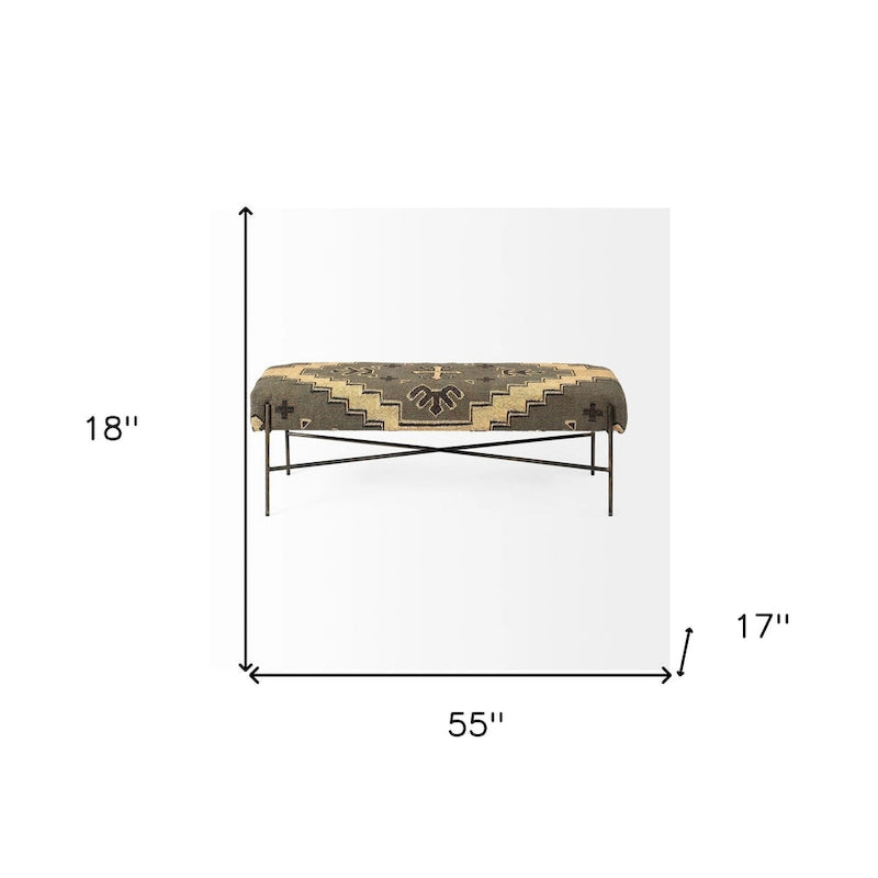 HomeRoots 55 Green Brown and Black Upholstered Abstract Cotton Blend Bench - 55