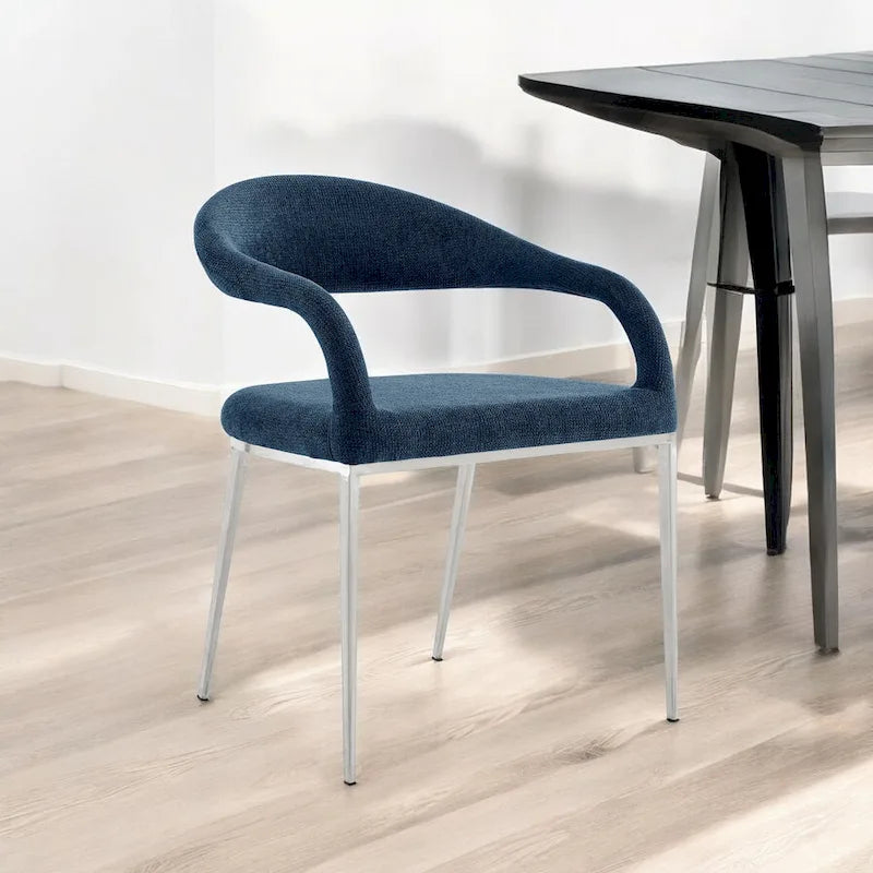 HomeRoots Set of Two Blue And Silver Upholstered Polyester Open Back Dining Arm Chairs