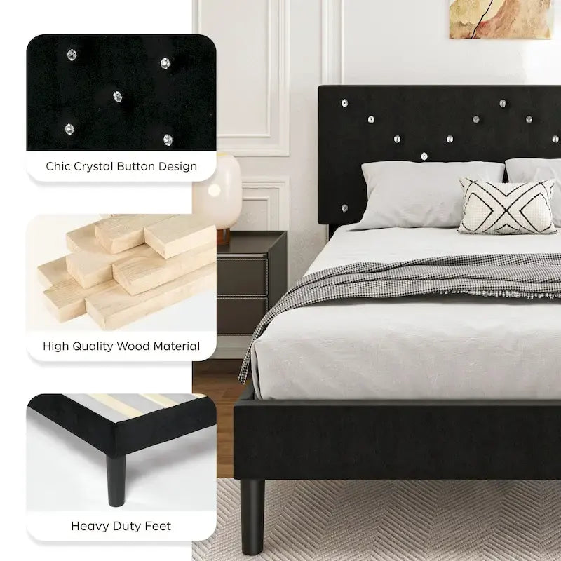 Upholstered Platform Bed, Full Size, Black with Padded Headboard & Heavy-Duty Metal Frame