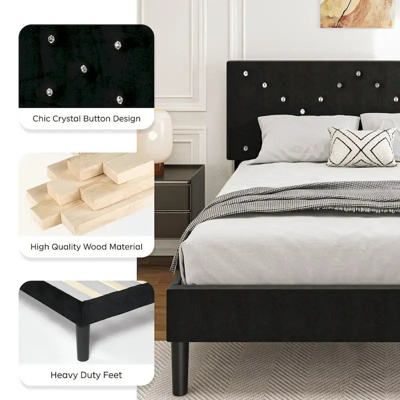 Upholstered Platform Bed, Full Size, Black with Padded Headboard & Heavy-Duty Metal Frame