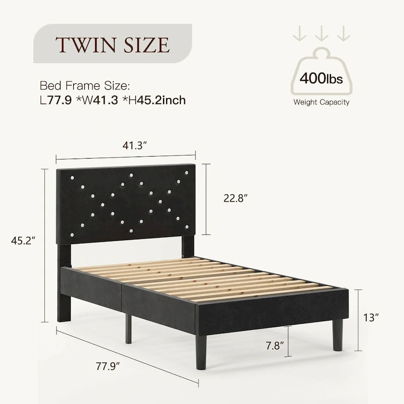 Upholstered Platform Bed, Full Size, Black with Padded Headboard & Heavy-Duty Metal Frame