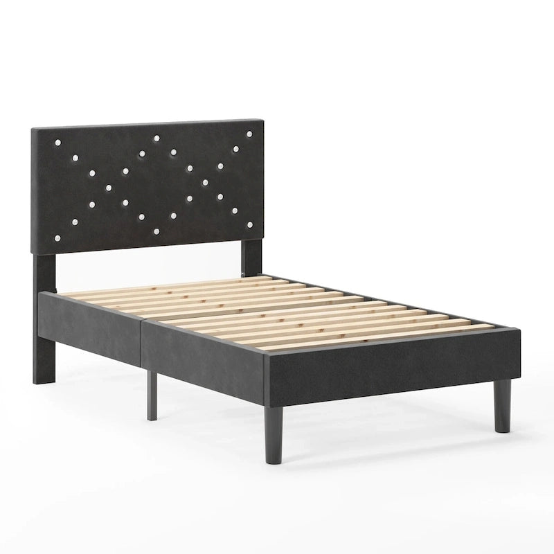 Upholstered Platform Bed, Full Size, Black with Padded Headboard & Heavy-Duty Metal Frame