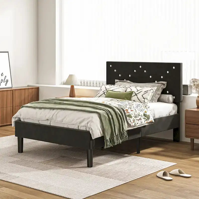 Upholstered Platform Bed, Full Size, Black with Padded Headboard & Heavy-Duty Metal Frame