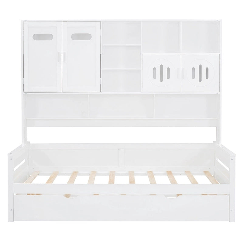Twin Size Wooden Daybed with Trundle, Storage Cabinet & Shelves, White
