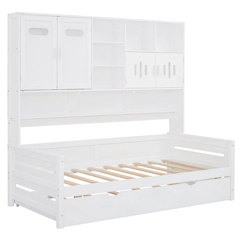 Twin Size Wooden Daybed with Trundle, Storage Cabinet & Shelves, White
