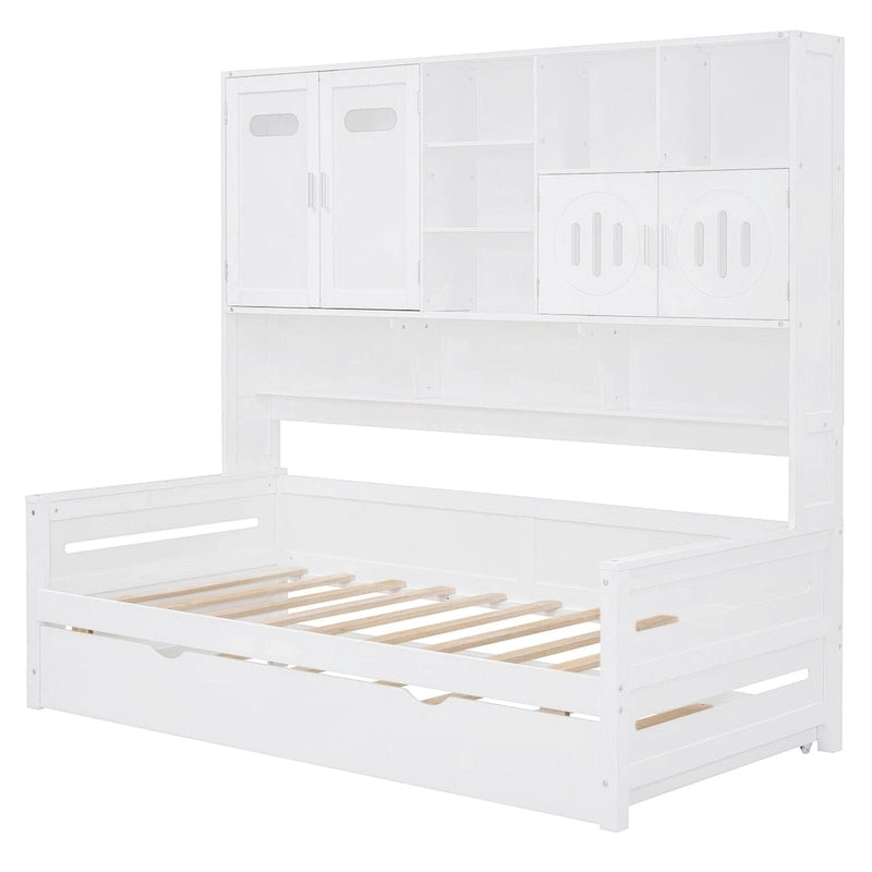 Twin Size Wooden Daybed with Trundle, Storage Cabinet & Shelves, White