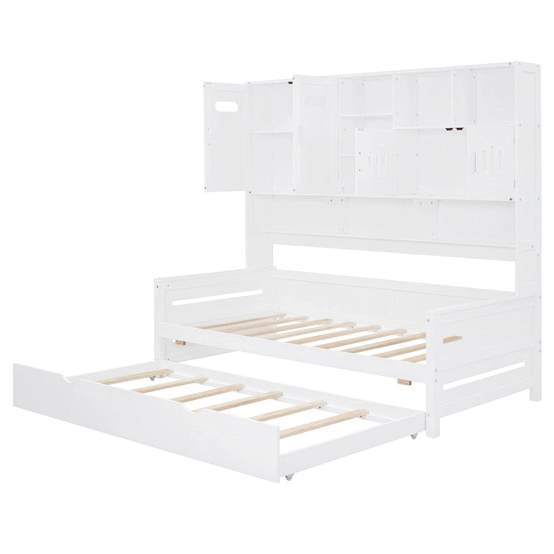 Twin Size Wooden Daybed with Trundle, Storage Cabinet & Shelves, White
