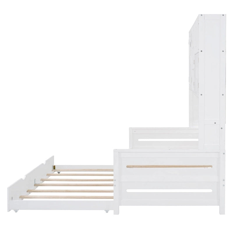 Twin Size Wooden Daybed with Trundle, Storage Cabinet & Shelves, White