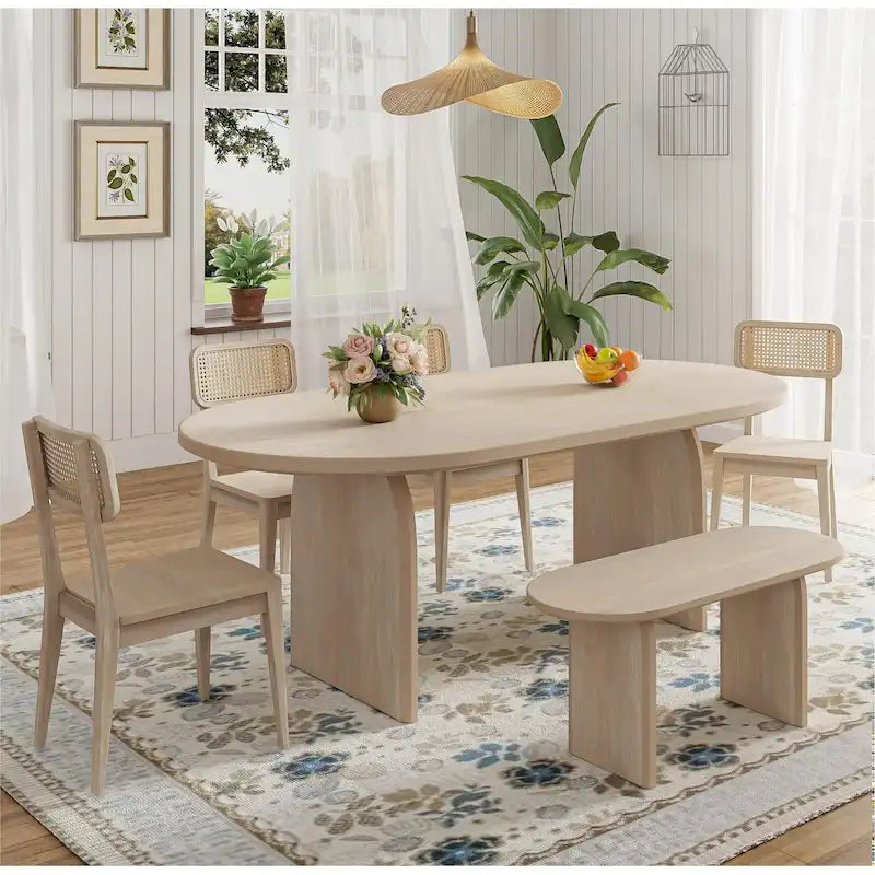 Dining Table Set for 6Oval Kitchen Table and Rattan-Back Chairs