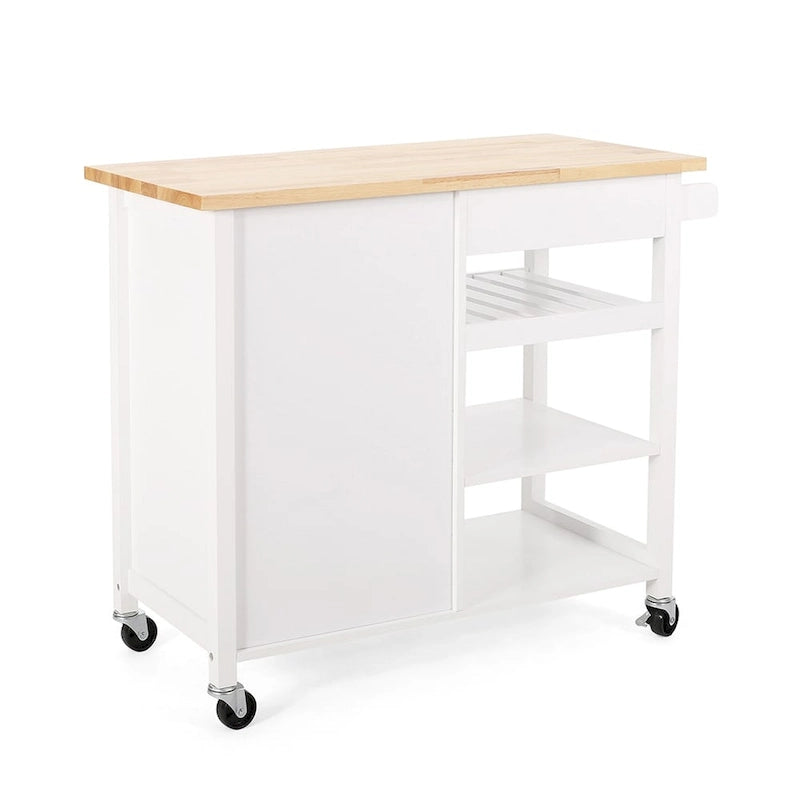 Rolling Kitchen Island Cart, Kitchen Storage Cart With Wooden Top, Modern Home Storage Cart With Door, 3 Shelves, Drawer