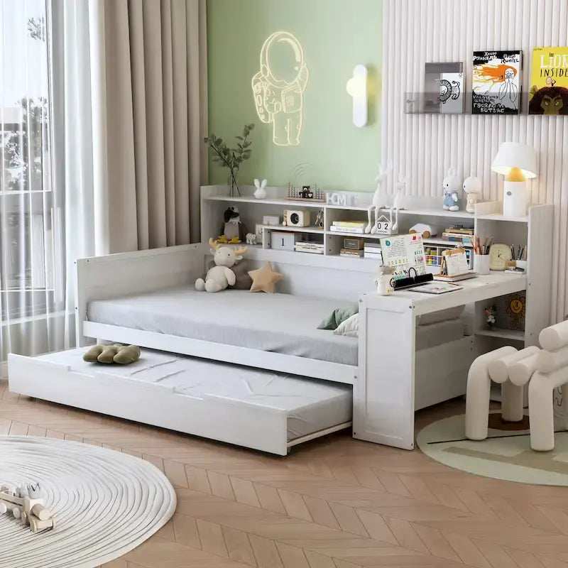 Twin Daybed with Shelves, Trundle & Desk
