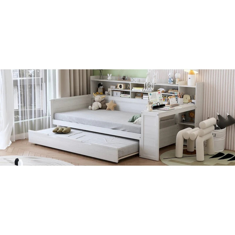 Twin Daybed with Shelves, Trundle & Desk