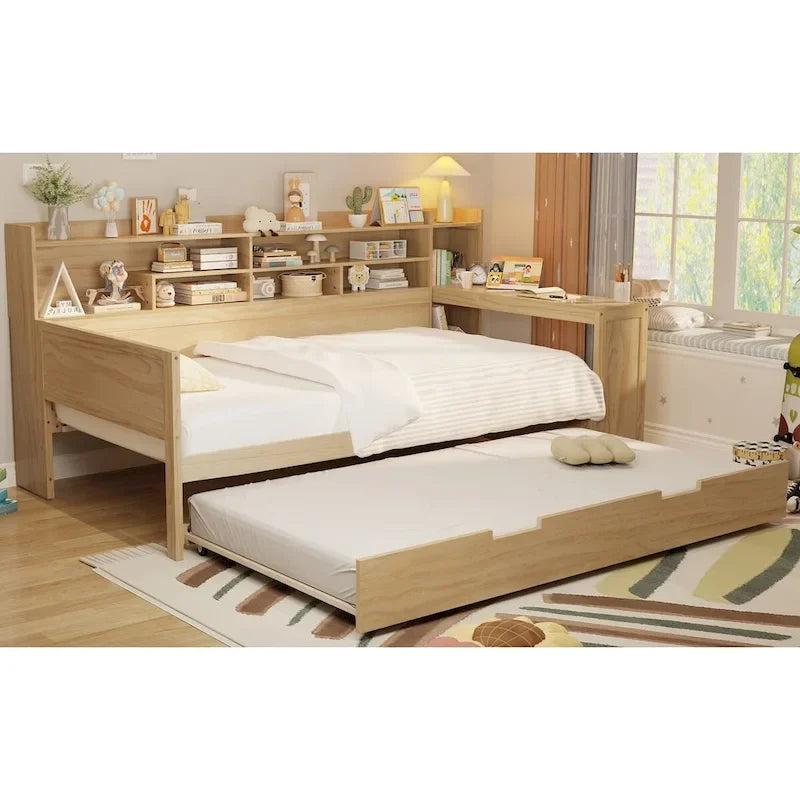 Twin Daybed with Shelves, Trundle & Desk