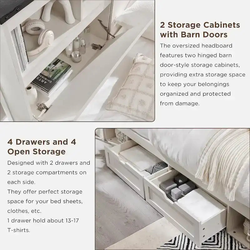 Farmhouse Full Size Wood Bed Frame with Storage Headboard and Drawers