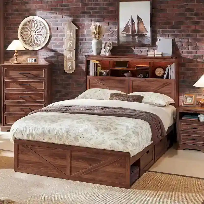 Farmhouse Full Size Wood Bed Frame with Storage Headboard and Drawers