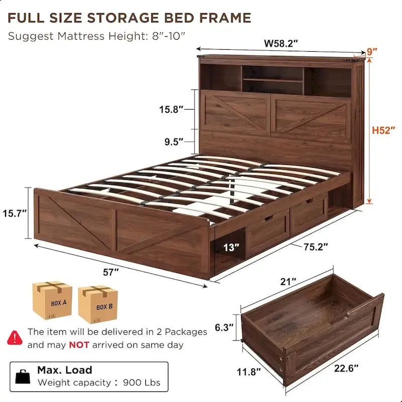 Farmhouse Full Size Wood Bed Frame with Storage Headboard and Drawers