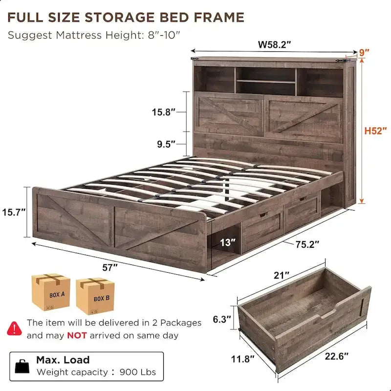 Farmhouse Full Size Wood Bed Frame with Storage Headboard and Drawers