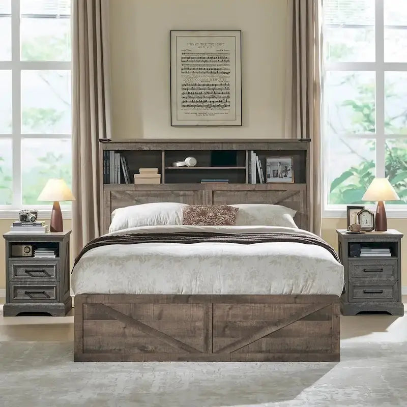 Farmhouse Full Size Wood Bed Frame with Storage Headboard and Drawers