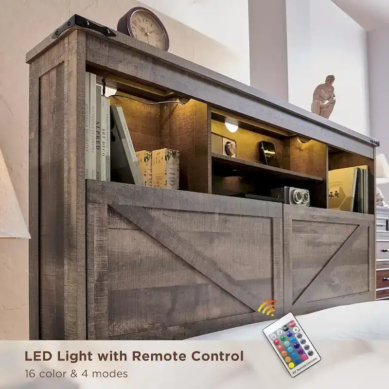 Farmhouse Full Size Wood Bed Frame with Storage Headboard and Drawers