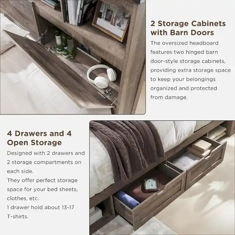 Farmhouse Full Size Wood Bed Frame with Storage Headboard and Drawers