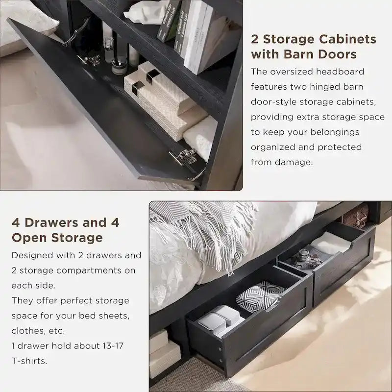 Farmhouse Full Size Wood Bed Frame with Storage Headboard and Drawers