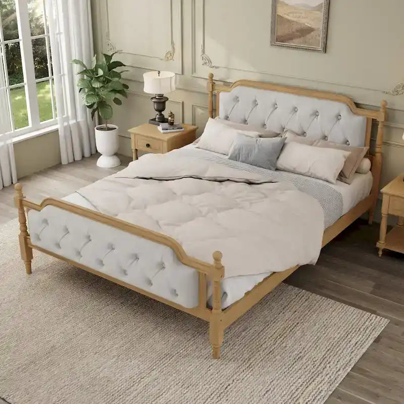 Queen Wood Platform Bed with Tufted Headboard & Handcrafted Design